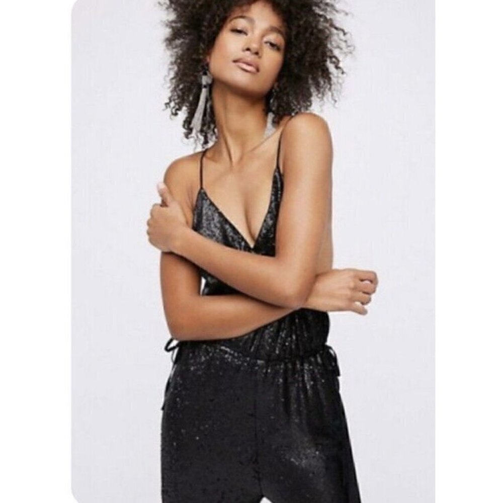 Free People Woman's Sz S Black Sequin Jumpsuit Party New Year NWOT